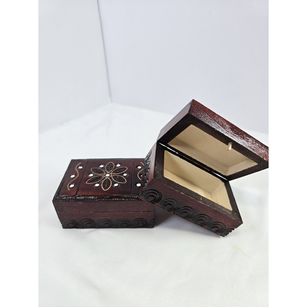 Vintage Hand Carved Wood Trinket Jewelry Box Floral Inlay White Bead Boho Decor